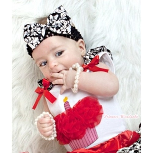 White Baby Tank Top & Red Rosettes Birthday Cake & Damask Ruffles & Red Bow NT257 